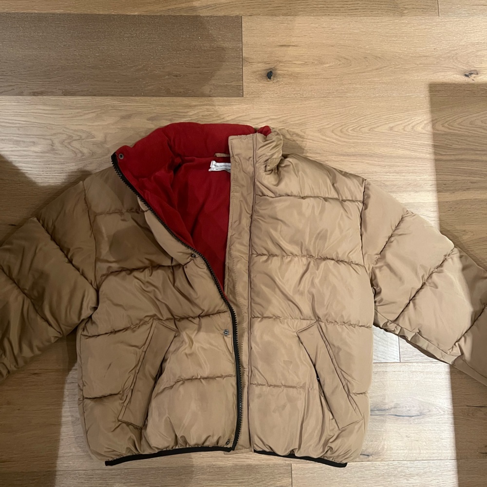 Tan Puffer Jacket with Red Lining